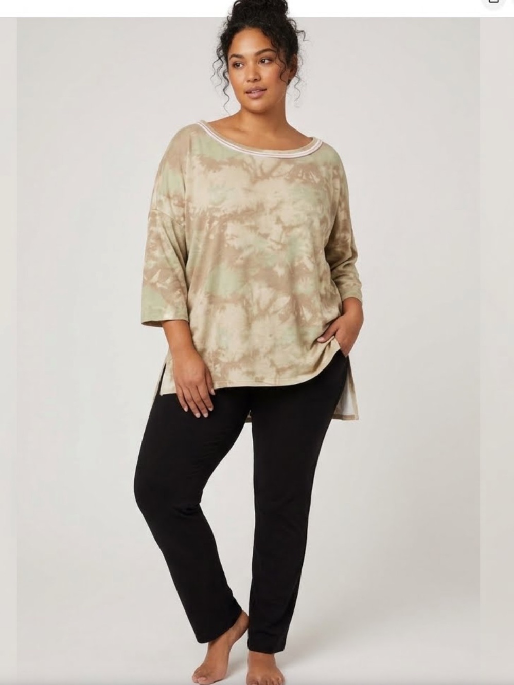 Honeyme Earthy Sage Green Tan Tie Dye Oversized Boatneck Lounge Top xxl